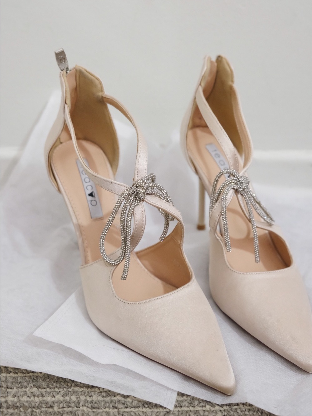 Blush Pink Pointed Toe Heels with Rhinestone Tie